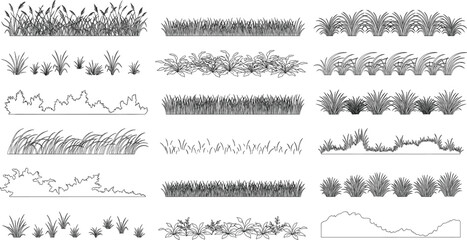 Collection of various hand-drawn grass borders and vegetation silhouettes for landscape design and architectural drawing elements © Manik