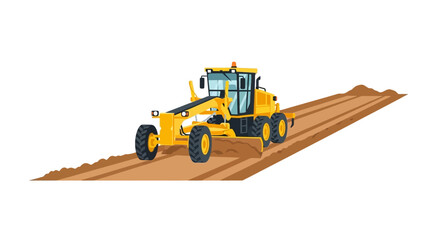 Obraz premium Yellow Motor Grader Leveling Dirt Road, Heavy Construction Machinery Vector Illustration, Industrial Earthmoving Equipment for Civil Engineering and Roadwork