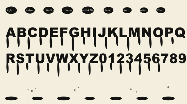 Dripping black ink alphabet and numbers set, melting liquid font vector, horror style paint drip typography for street art and posters