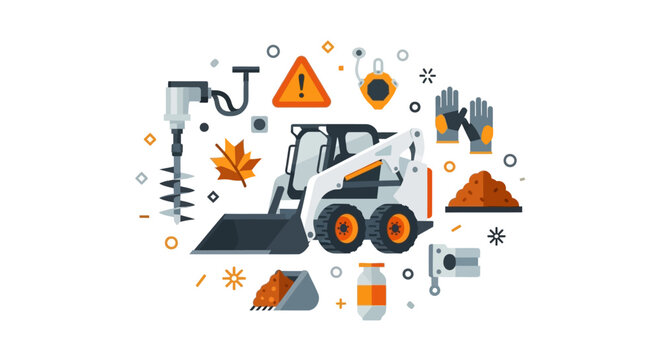 Skid Steer Loader Illustration with Landscaping and Construction Icons - Flat Vector Design for Earthmoving, Gardening, and Site Preparation Equipment
