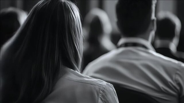 A monochromatic with grainy texture captures a female figure sitting in an indoor setting, looking down with her back partially turned towards the camera.