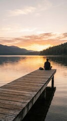 Fototapeta premium Person sitting on a wooden dock at a mountain lake during sunset