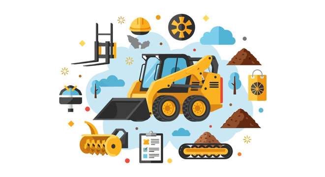Versatile Skid Steer Loader Vector Illustration with Heavy Machinery Attachments, Earthmoving Equipment, and Construction Site Icons
