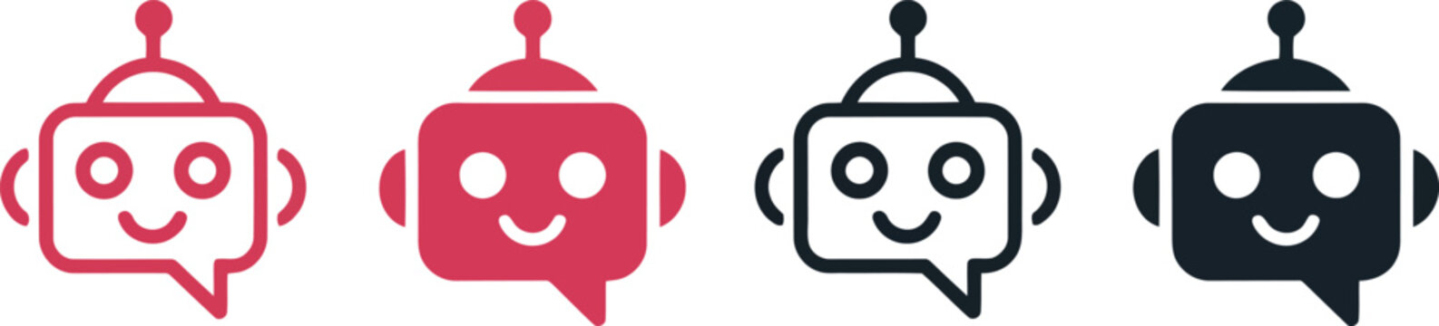 Four robot icons with speech bubbles smiling on white background