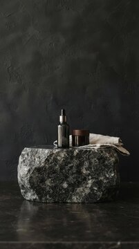 Cosmetic serum and cream jar on marble stone display