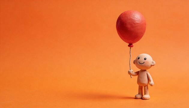 Smiling clay figure holding a red balloon against an orange background. International Children's Day celebration concept.
