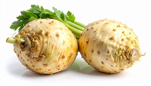 Two celeriac roots with rough knobby texture on white surface, symbolizing culinary versatility and organic detail.
