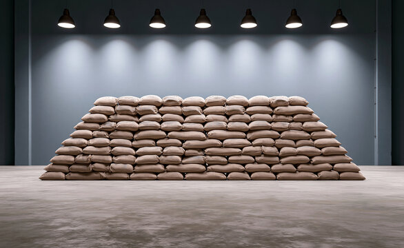 Row of cement bags stacked in perfect formation on warehouse floor, symmetrical, soft overhead light, copy space above