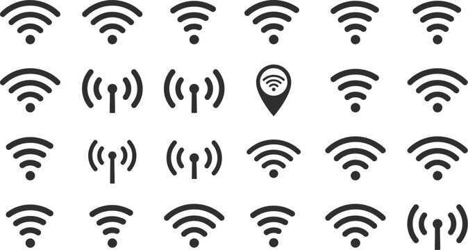 WiFi, wireless signal icon collection with internet connection, network and airwave symbols, editable vector set.