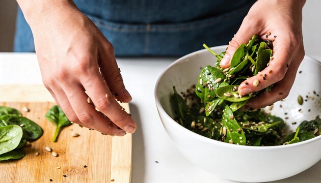 Hands mixing fresh spinach salad with seeds in a white bowl.