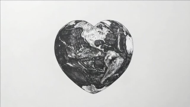 Abstract heart art with Earth ry inside. Black and white .