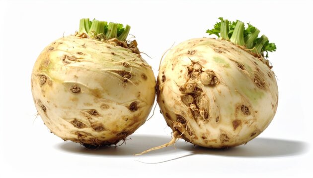 Two celeriac roots with rough knobby texture on white surface, symbolizing culinary versatility and organic detail.