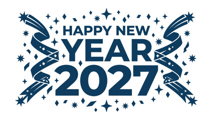 Happy New Year 2027 Banner: A festive graphic design celebrating the arrival of 2027 with HAPPY NEW YEAR text surrounded by stylized fireworks, shooting stars, and swirling ribbons in a deep blue hue. © Mohiuddin123
