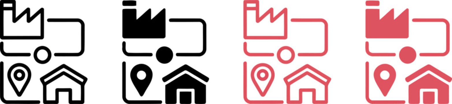 Logistics and delivery icons with location and house symbols in black and red colors