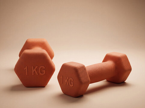 Pair of orange terracotta 1 KG hex dumbbells displayed on warm beige background for fitness marketing