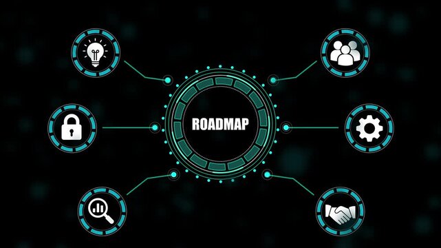 Business strategy roadmap infographic template with and connections on dark background planning