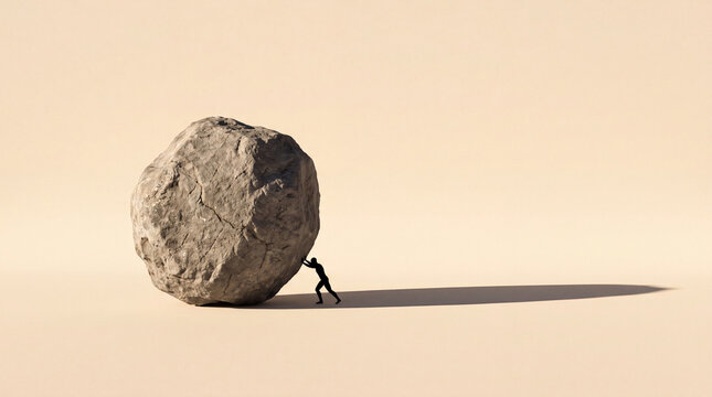 Conceptual silhouette of person pushing huge boulder with long shadow on beige background for perseverance