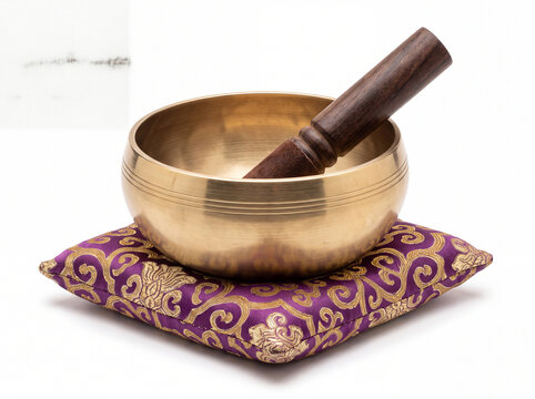 Tibetan brass singing bowl with wooden mallet on purple embroidered cushion for sound healing