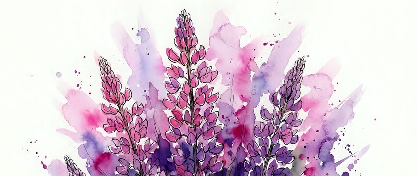 Pink and purple lupine flowers with watercolor splashes and ink splatters on white background, isolated botanical artwork for design projects.