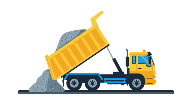 Yellow Dump Truck Unloading Gravel, Heavy Construction Vehicle Tipper Truck Vector Illustration Isolated on White Background