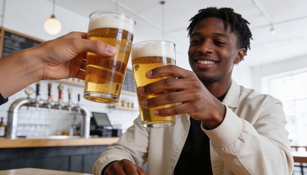 Two friends clinking beer glasses in a toast at a bar. Smiling young Black man celebrating with a pint of lager in a brewery. Socializing and nightlife concept