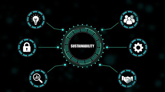 Sustainability concept with and symbols on dark background eco friendly green technology renewable energy