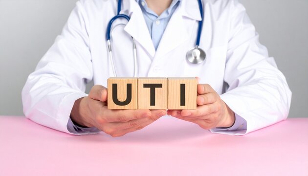 Front View Of A Doctor In A White Lab Coat Holding Wooden Blocks Spelling UTI On A White Desk Against A Pink Background