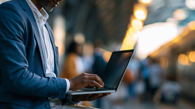 Office employee using a privacy screen filter on a laptop while working in a busy train station, information security on the move concept, no readable screen content, wide copy spa