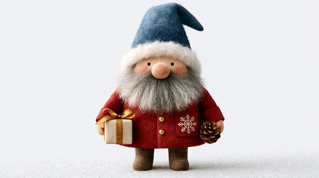 A watercolor digital painting of a christmas gnome. The gnome has a big round nose, a bushy grey beard, and a tall pointed blue hat trimmed with white fur. He is wearing a red jack