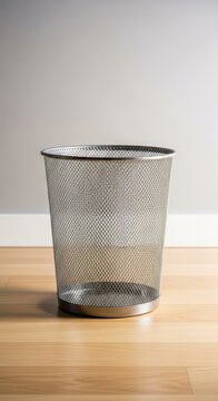 A sleek silver mesh wastepaper basket stands on a light wooden floor against a neutral wall, capturing a clean and modern office aesthetic, minimalist, wire, modern