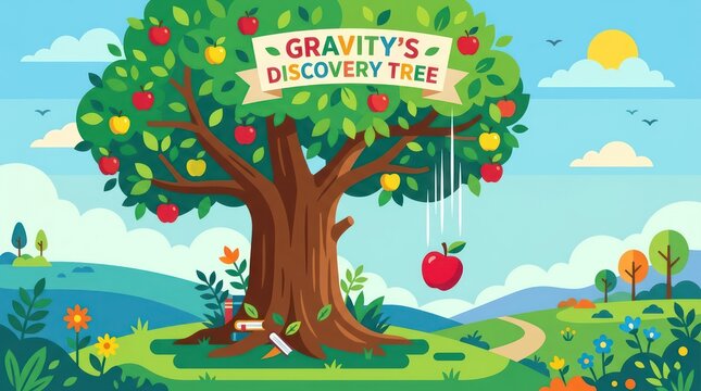 Vibrant illustration of apple tree with falling fruit, celebrating gravity discovery with text.