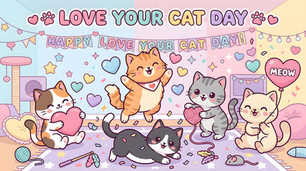Fototapeta premium Cute cartoon cats celebrating Love Your Cat Day. Kawaii kittens with hearts and party decor.