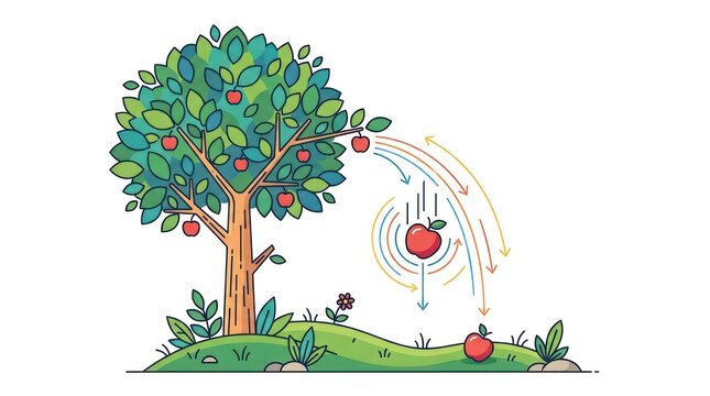 Apple falling from tree illustration shows scientific principle of gravity and earth pull.