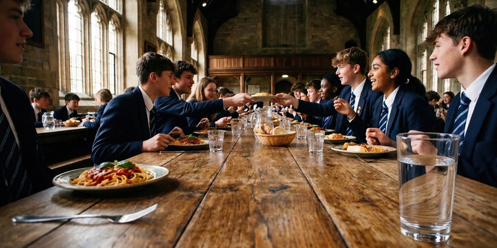 Teen students sharing lunch at long table in traditional school dining hall. Concept of boarding school life, student community, meal service, and social development.