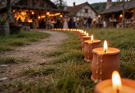 Path of lit candles in terracotta pots at a rustic farm wedding.