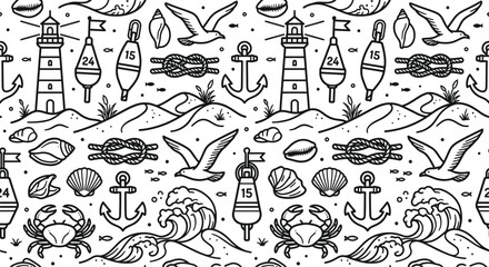 Seamless nautical pattern with black and white line art featuring lighthouses, anchors, buoys, seagulls, crabs, seashells, and ocean waves in a minimalist flat graphic vector style. © Izzana