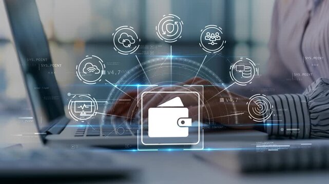 Businesswoman in futuristic office organizing financial administration with digital wallet icon, business documentation, payment records and modern office finance workflow