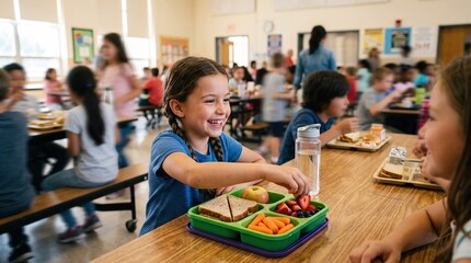Plakat Happy schoolgirl eating healthy packed lunch with friend in busy cafeteria. Concept of balanced school meals, lunchbox products, healthy habits, and positive peer interaction.