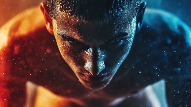 Intense portrait of a determined, sweaty athlete bathed in dramatic red and blue light