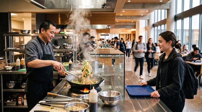 Chef preparing fresh noodles for student at modern campus dining station. Concept of made-to-order meals, live cooking, campus catering, and personalized student dining.