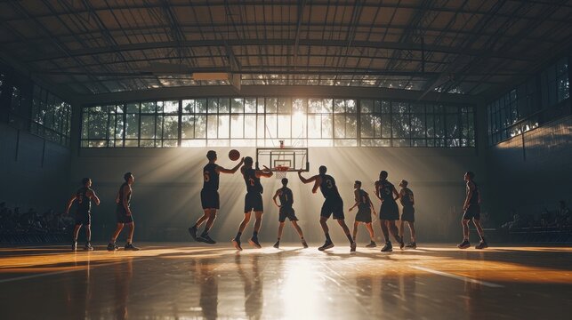 Basketball game in a large gymnasium with players, hoop, and light rays