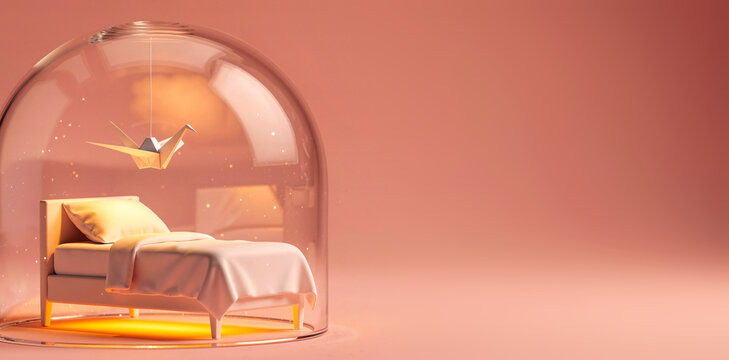 Miniature bed with white linens and paper crane inside a clear glass dome. Warm golden underglow on a dusty pink background. Sleeping concept. Copy space for text