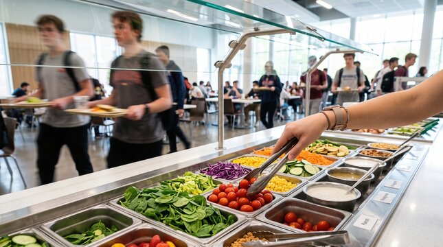 Student selecting fresh vegetables from school cafeteria salad bar. Concept of healthy campus dining, self-service meals, nutrition programs, and balanced student diets.