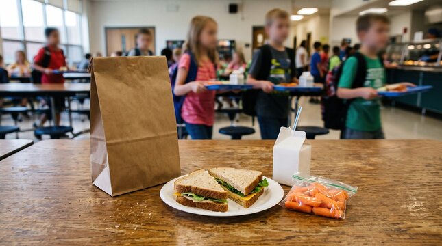 Packed school lunch with sandwiches carrots and milk on cafeteria table. Concept of school nutrition, affordable meals, lunch programs, and healthy student food choices.