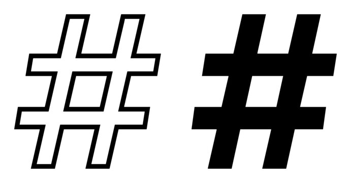 Outlined and filled hashtag symbols isolated on transparent background