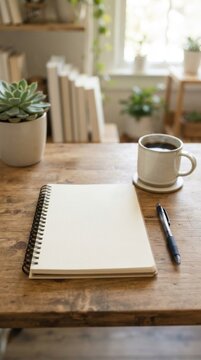 Open spiral notebook and coffee cup on wooden desk