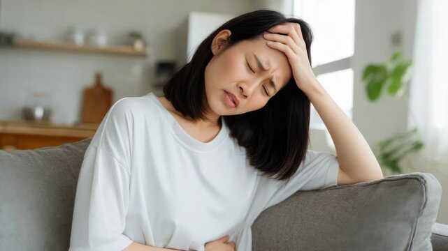 A young woman with her eyes closed, seemingly distressed or exhausted, leaning back and resting her head on the arm of a sofa in an indoor setting. She is wearing casual clothing.