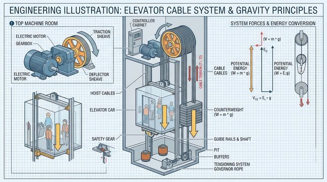Educational engineering diagram of elevator cable system with forces and energy conversion.