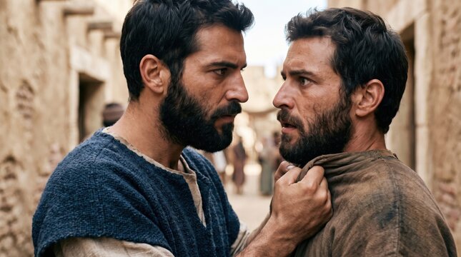 Angry man grabbing another man by shirt in historical setting. Biblical scene of parable depicting debt and lack of mercy. Conflict between ancient people representing injustice and anger.