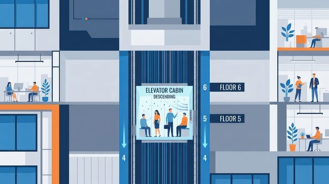 Cross section of modern office building showing elevator cabin descending between floors.